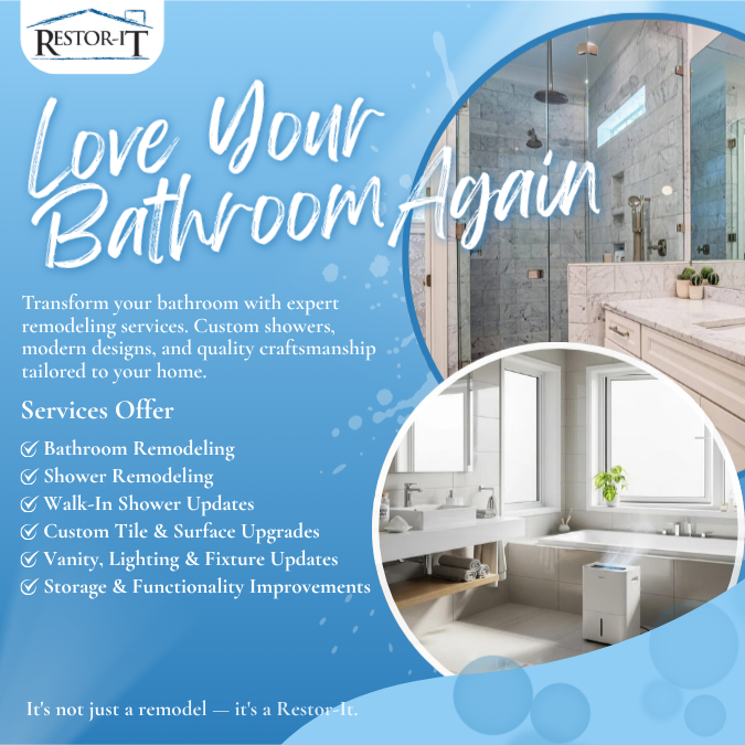 Promotional ad for Restor-It bathroom remodeling services, featuring photos of modern bathrooms and listing services like remodels, updates, and custom upgrades.