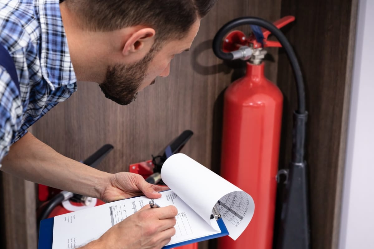 Blog 4 A person is carefully inspecting a fire extinguisher, diligently taking notes on a clipboard to ensure effective fire prevention measures are in place.