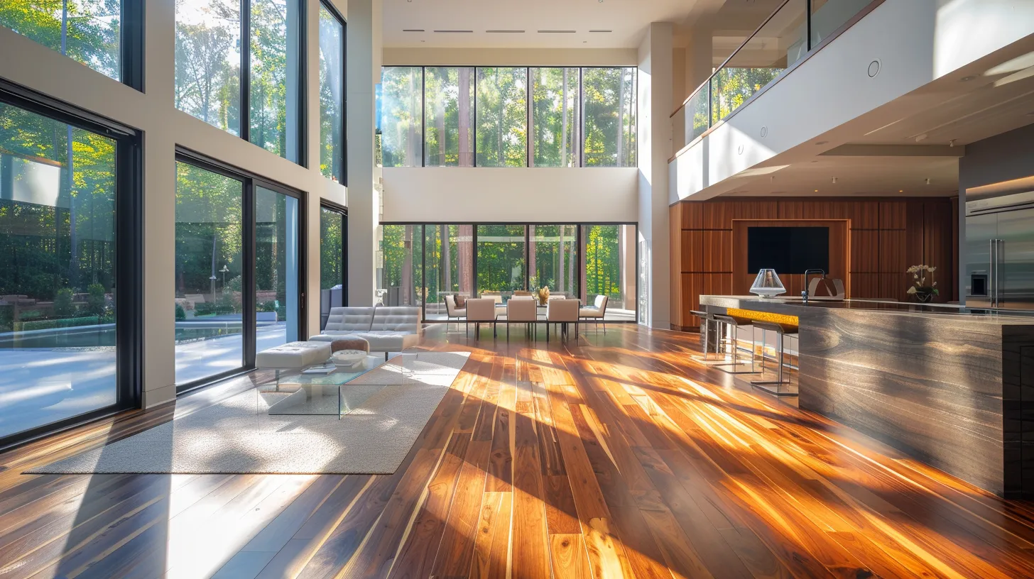 Blog 5 a modern atlanta home features sleek, sustainable flooring with warm wood tones, elegantly illuminated by natural light streaming through expansive windows, showcasing the latest 2025 installation trends.