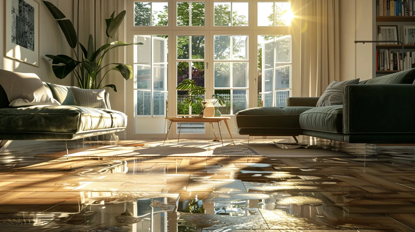 Blog 4 a vivid depiction of a sunlit living room with gleaming hardwood floors, showcasing the dramatic contrast between water-damaged areas and pristine restoration efforts, highlighting the urgency and effectiveness of emergency water damage restoration.