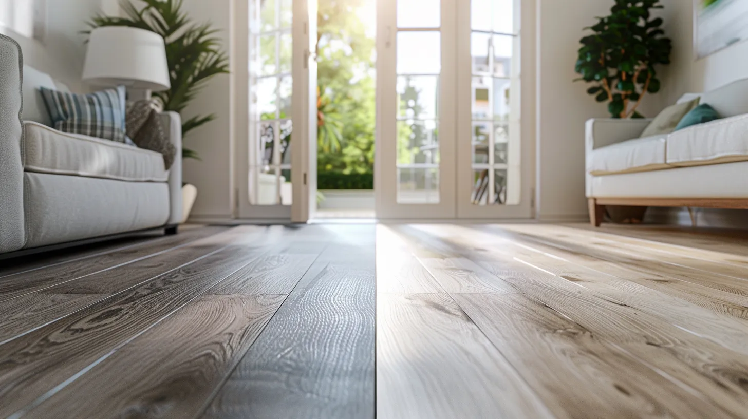 A side-by-side view of vinyl flooring on one side and laminate flooring on the other, in a bright, modern Georgia-style home.