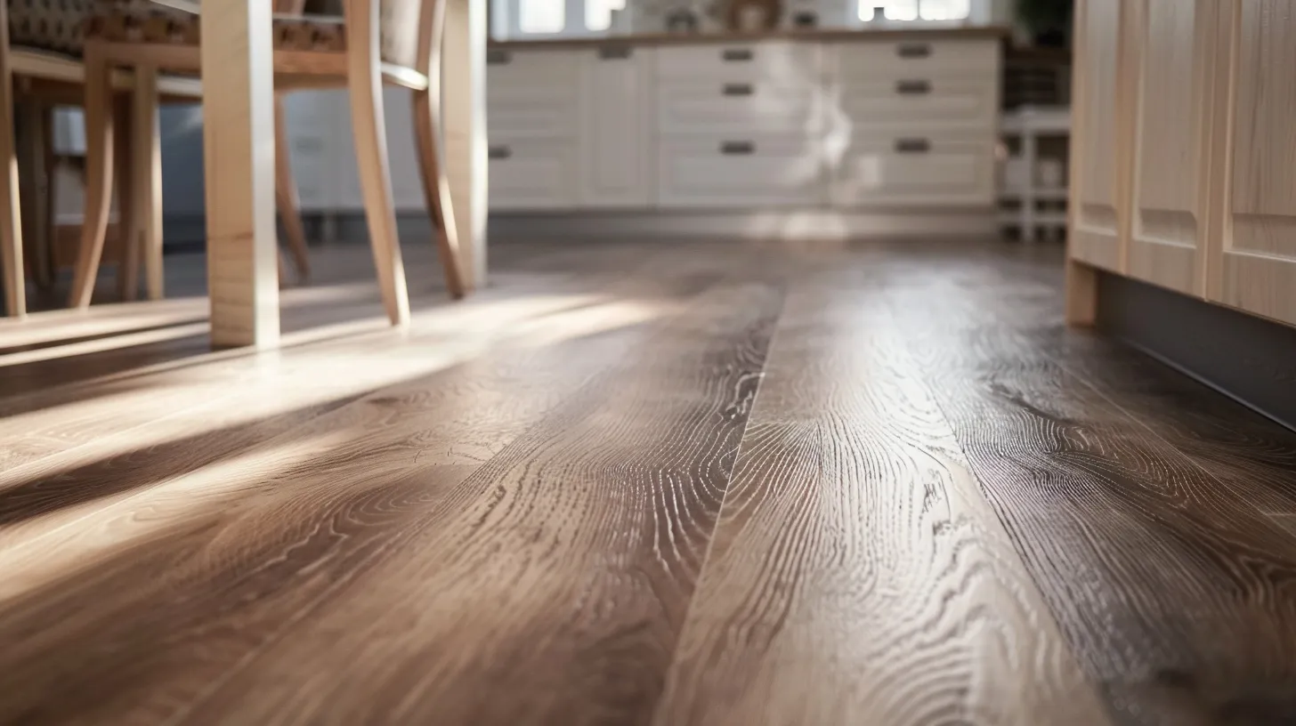 Vinyl Vs Laminate Flooring: Which Is Best For Your Georgia Home? 5 Close-up of waterproof vinyl plank flooring installed in a kitchen.