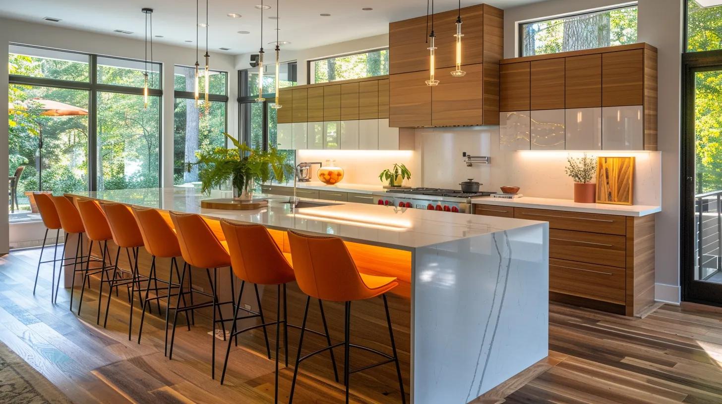 a modern, elegantly redesigned kitchen in atlanta features sleek cabinetry, a stylish island with contemporary bar stools, and ambient lighting that highlights sophisticated finishes, creating a vibrant and inviting transformation space.