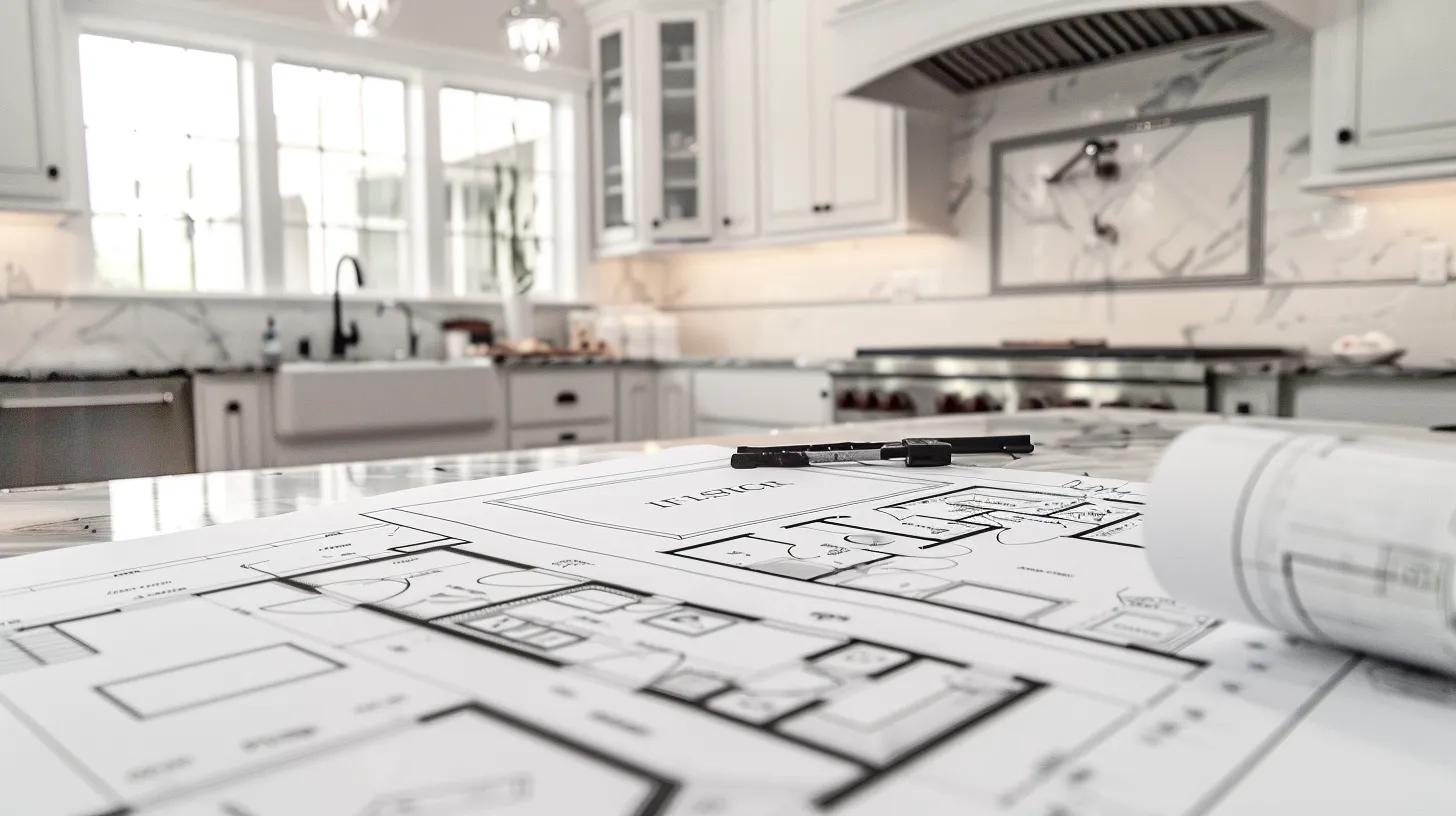 Kitchen Remodeling In Atlanta: How To Transform Your Space 6 a sleek, modern kitchen under bright artificial lighting showcases a sophisticated remodeling design process, with blueprints and tools artfully arranged on a marble countertop, conveying a sense of purposeful project management in an urban atlanta setting.