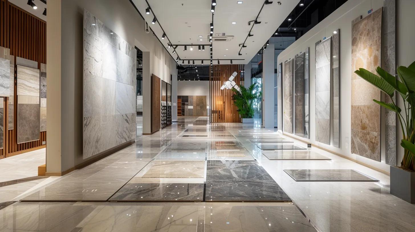 Tile Flooring Installation: Why It’s A Great Choice For Atlanta Homes 14 a vibrant, modern showroom displays an extensive range of tile flooring options, featuring ceramic, porcelain, and natural stone samples in sleek, well-lit arrangements that highlight their diverse colors, textures, and finishes.
