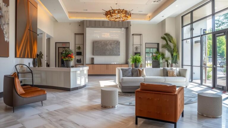 a stylish, modern atlanta home interior featuring elegantly installed tile flooring, showcasing a seamless blend of contemporary design and functionality under warm, inviting lighting.