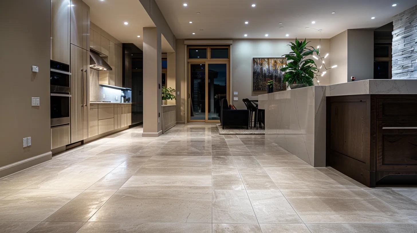 Tile Flooring Installation: Why It’s A Great Choice For Atlanta Homes 12 an elegant, contemporary kitchen showcases a stunning tile floor that gleams under focused overhead lighting, highlighting its scratch-resistant surface and seamless design, emphasizing durability and style in a modern home environment.