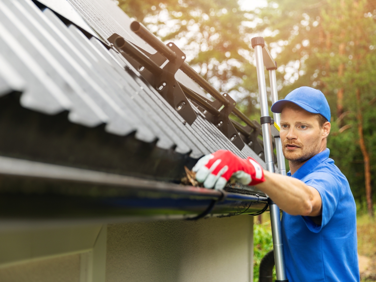 How To Prevent Water Damage In Your Home Before It’s Too Late 9 Man in blue uniform and red gloves stands on a ladder, cleaning debris from a house gutter next to a sloped roof outdoors to help prevent water damage.