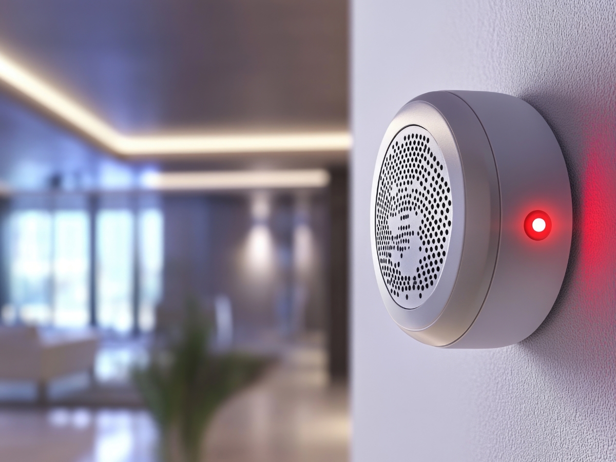Fire Prevention Tips To Protect Your Home And Family This Fall 4 A round smoke detector with a red indicator light, promoting fire prevention tips, is mounted on a white wall in a modern, well-lit room.