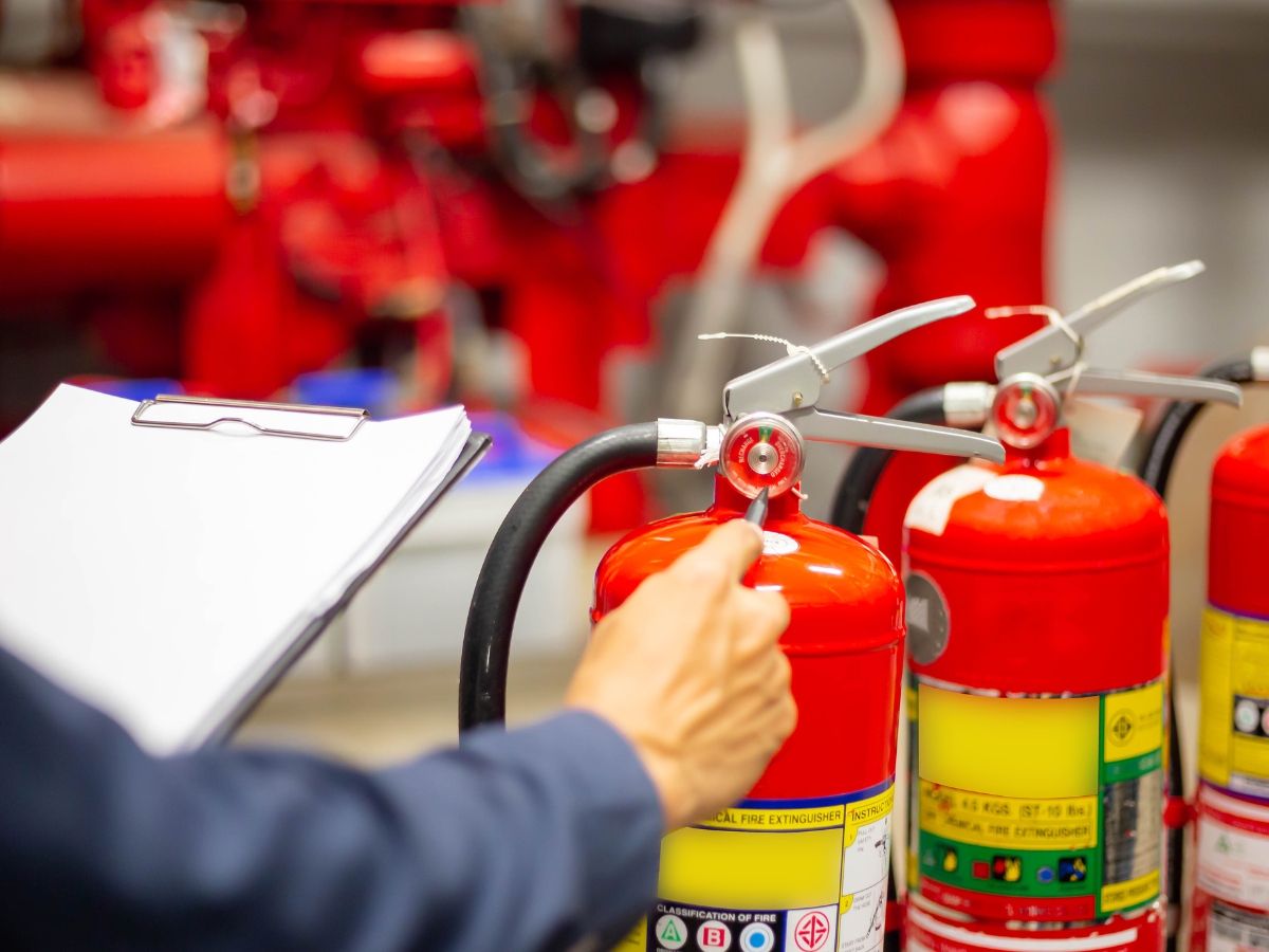 A person inspects red fire extinguishers, holding a clipboard and turning a nozzle, demonstrating essential Fire Prevention Tips with industrial equipment visible in the background.