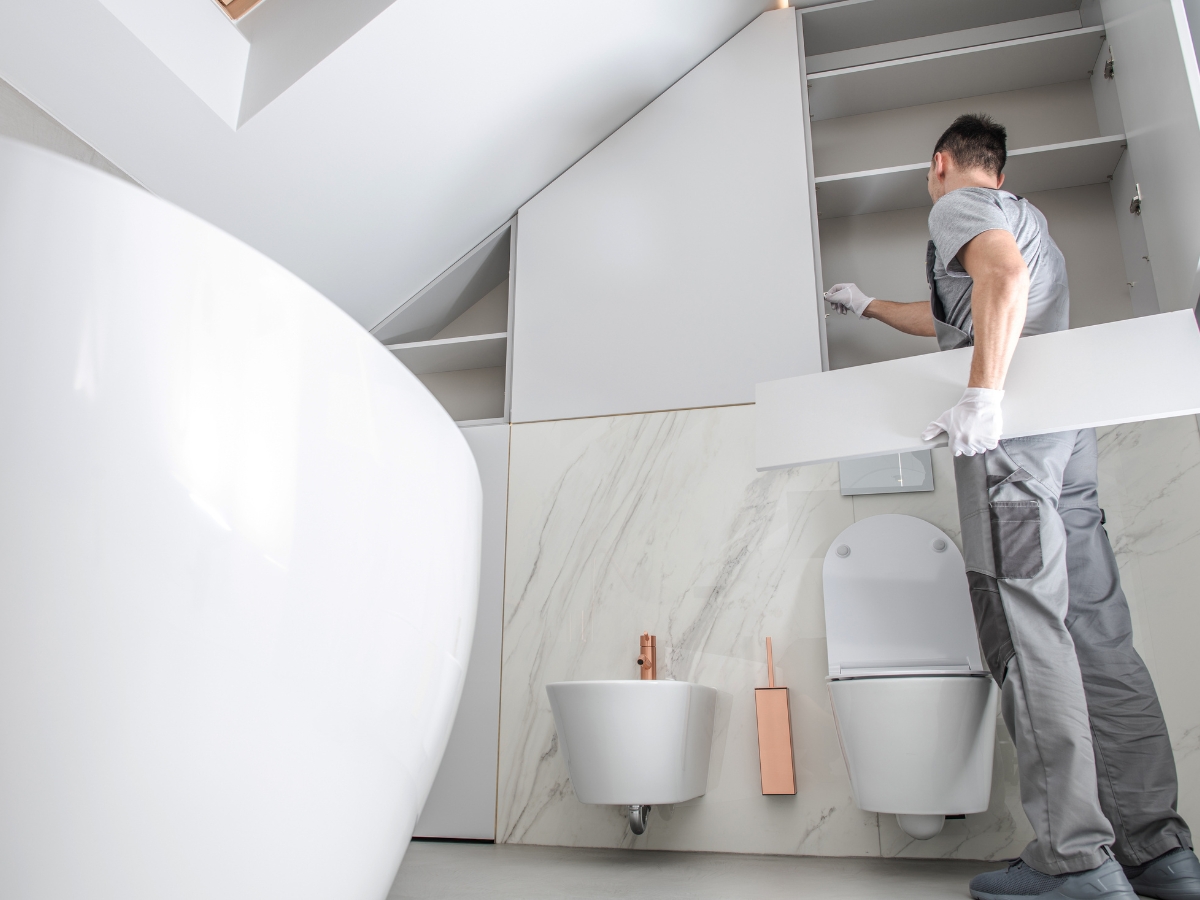 A person in work clothes installs or repairs cabinets above a toilet and bidet in a modern bathroom with a sloped ceiling, reflecting Bathroom Remodeling Trends for 2025.