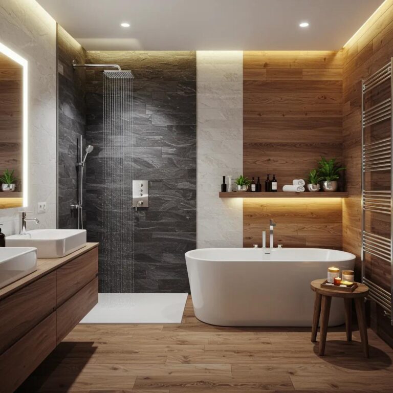 Modern bathroom with spa-like features including a soaking tub and rainfall showerhead