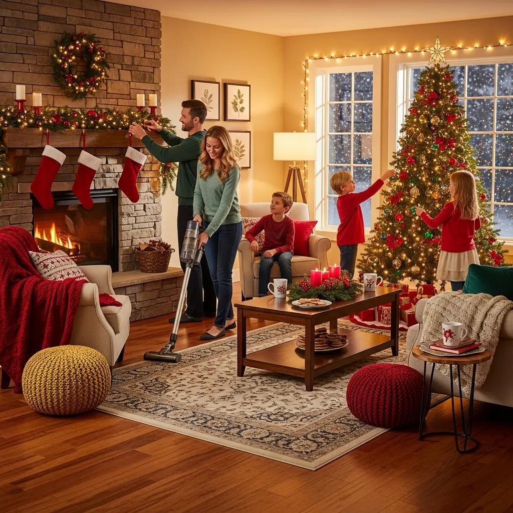 Cozy holiday living room with well-maintained hardwood floors and festive decorations
