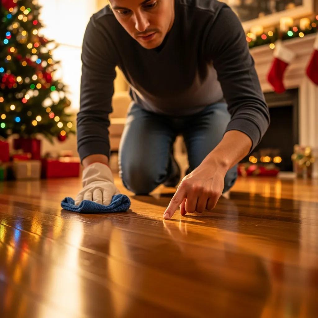 Homeowner checking hardwood floors and applying protective measures before guests arrive