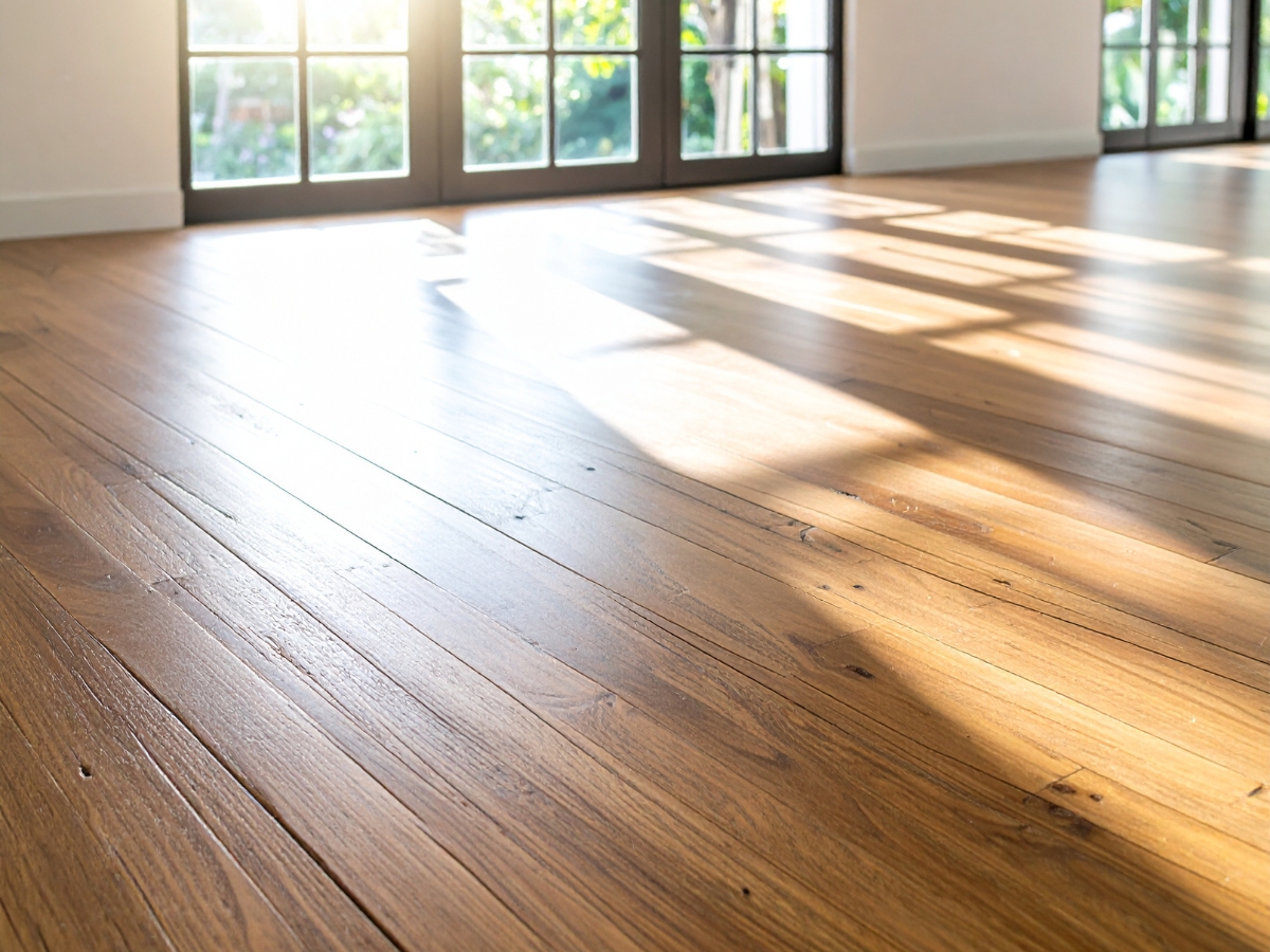 Sunlight streams through large windows onto a clean, natural wood floor in a bright, empty room, highlighting the hardwood benefits of durability and timeless beauty.