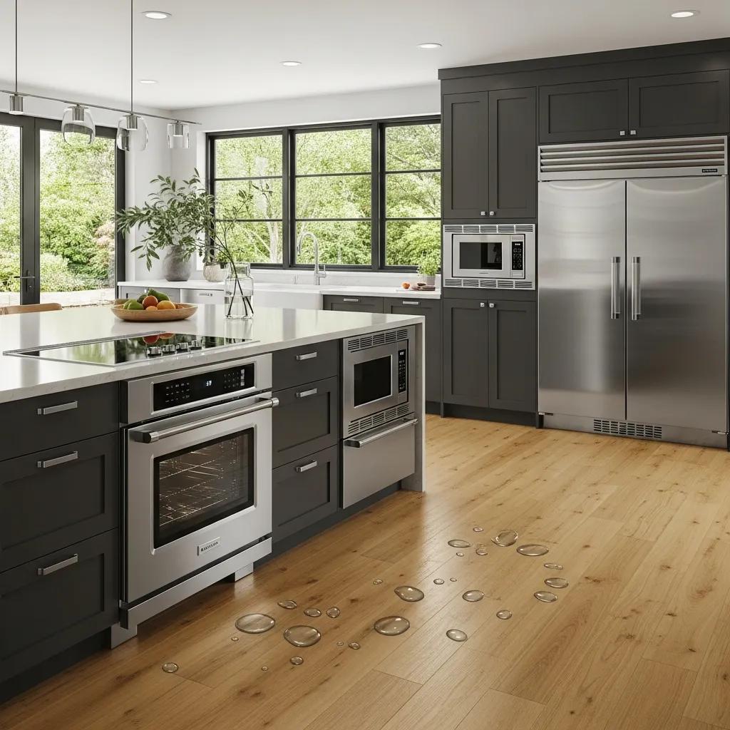 Modern kitchen with waterproof laminate flooring, demonstrating its suitability for moisture-prone environments