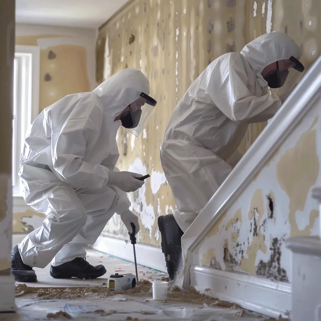 Professional mold remediation team inspecting a home for mold with specialized tools