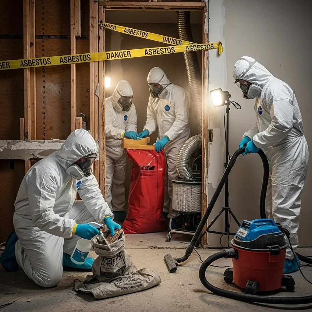 Asbestos removal team in protective gear ensuring safety during abatement process
