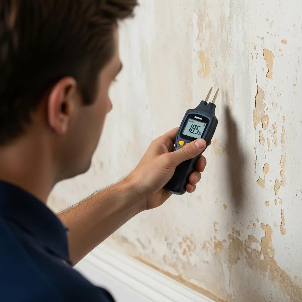 Technician using a moisture meter to assess mold presence in a home