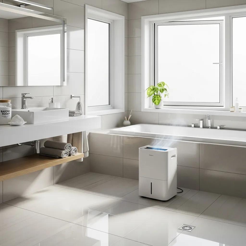Well-ventilated bathroom with a dehumidifier illustrating effective mold prevention practices