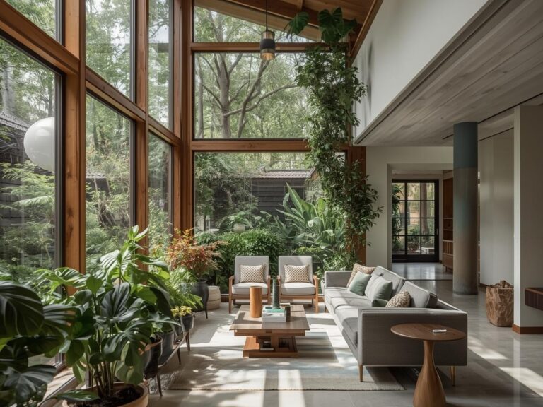 Modern living room with large glass windows, indoor plants, wooden furniture, and natural light overlooking a lush garden—an inviting space inspired by biophilic design.