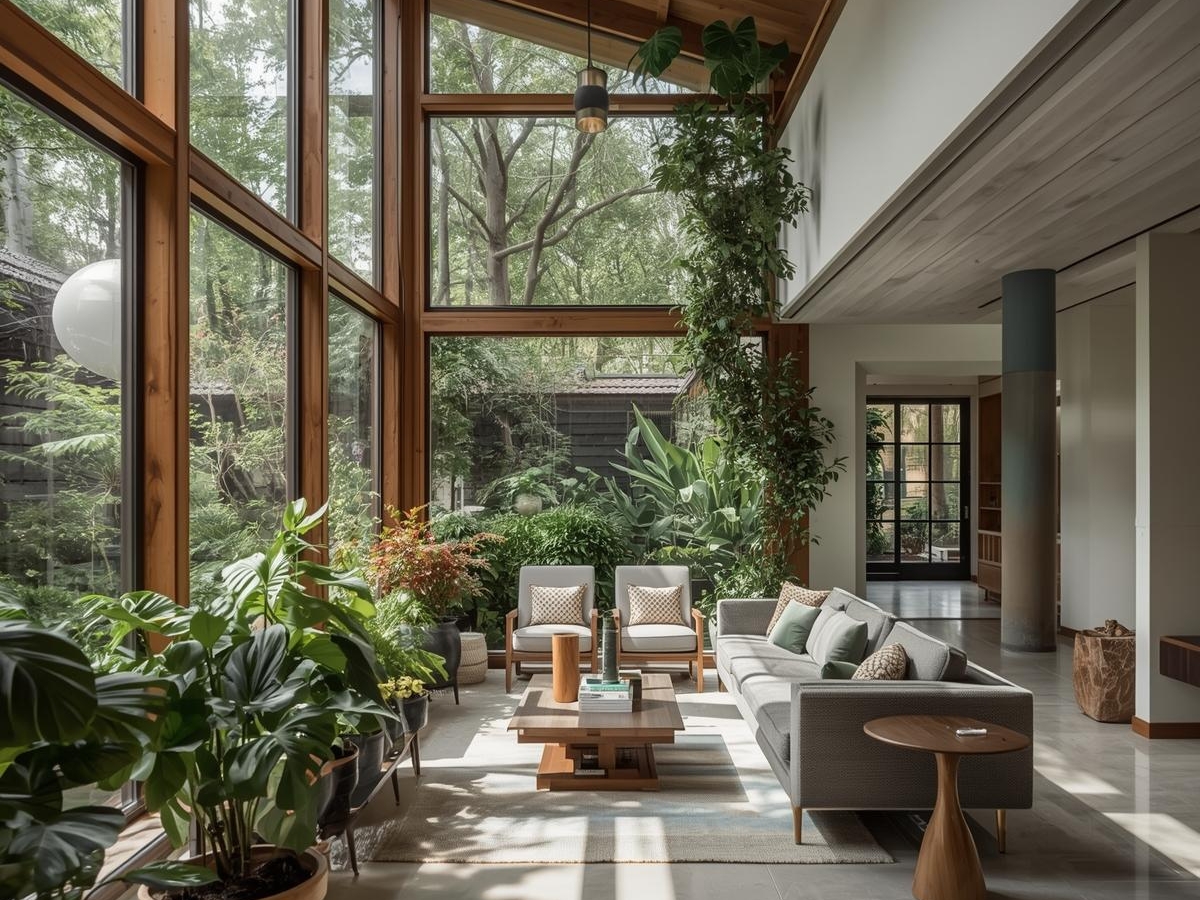 Modern living room with large glass windows, indoor plants, wooden furniture, and natural light overlooking a lush garden—an inviting space inspired by biophilic design.