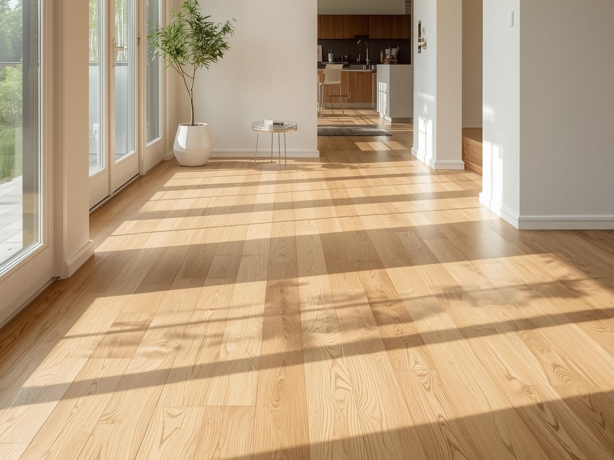 A bright room with large windows, light wood flooring, a potted plant reflecting biophilic design, and a small round table; a modern kitchen is visible in the background.