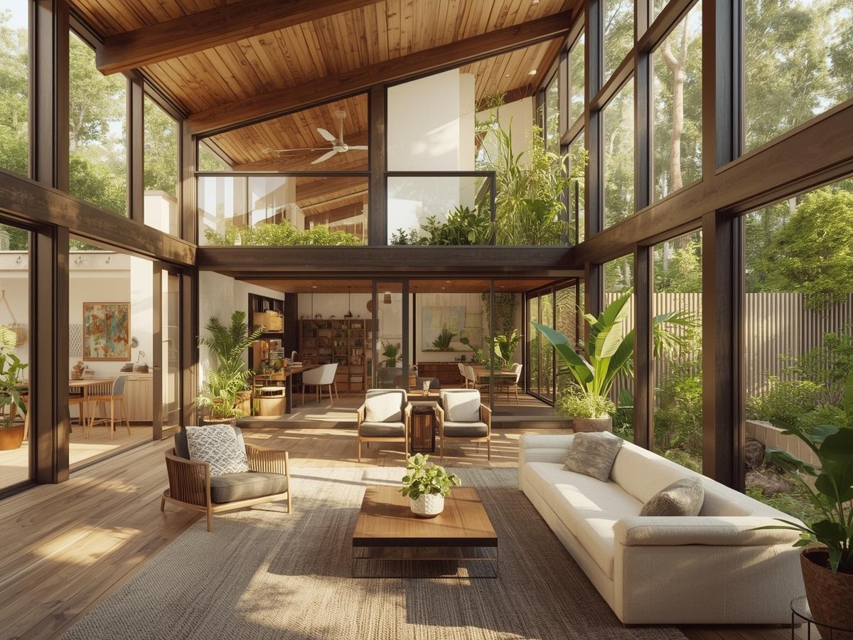 A spacious living room with large glass windows, wooden ceiling, indoor plants, modern furniture, and abundant natural light showcases Biophilic Design while overlooking a green outdoor area.