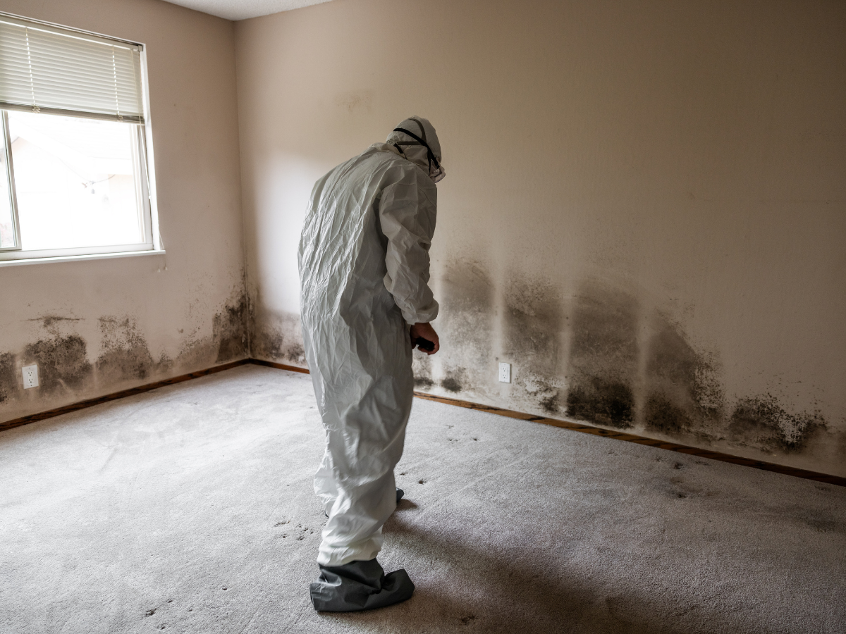 Person in protective suit inspects a room with extensive black mold growth along the lower walls and baseboards, a scene often referenced in the Restoration Glossary.