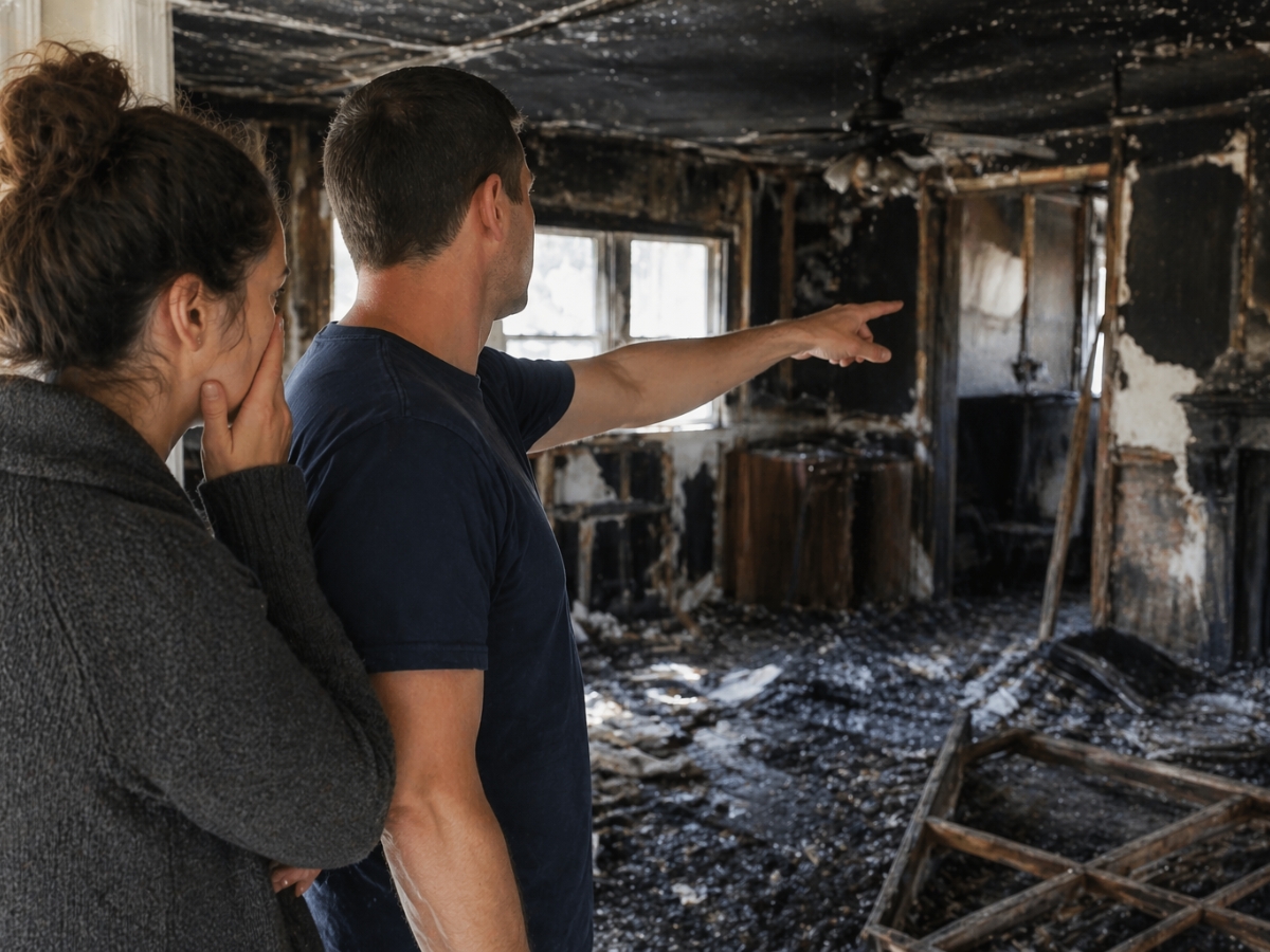 A man points at fire damage inside a charred room while a woman stands beside him, covering her mouth in shock. Burnt furniture and blackened walls reveal the urgent need for fire damage recovery.
