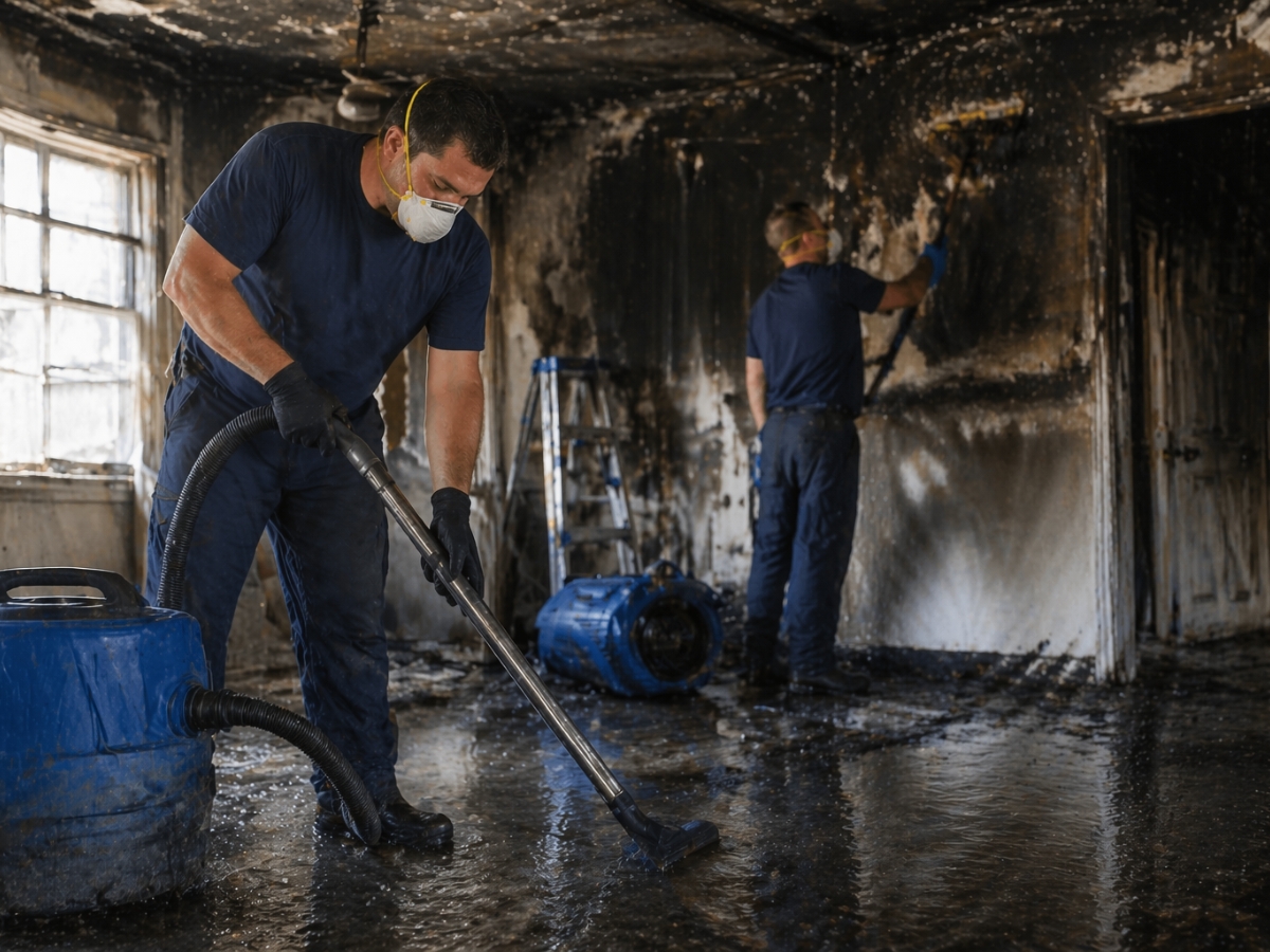 Two workers in protective gear clean a fire-damaged room with wet vacuums and fans; walls and floors are covered in soot and water as part of the fire damage recovery process.
