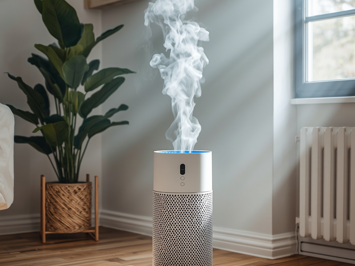 A white air purifier for fire damage recovery releases visible vapor on a wooden floor beside a green plant and a window in a bright, airy room.