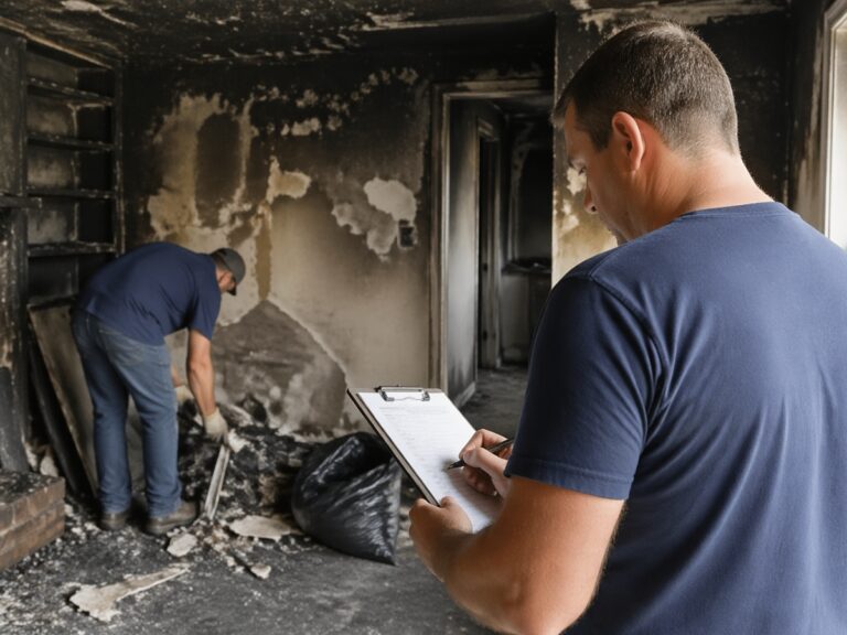 Two men in a fire-damaged room; one writes on a clipboard while the other tackles fire damage recovery, cleaning debris and placing it into a trash bag.