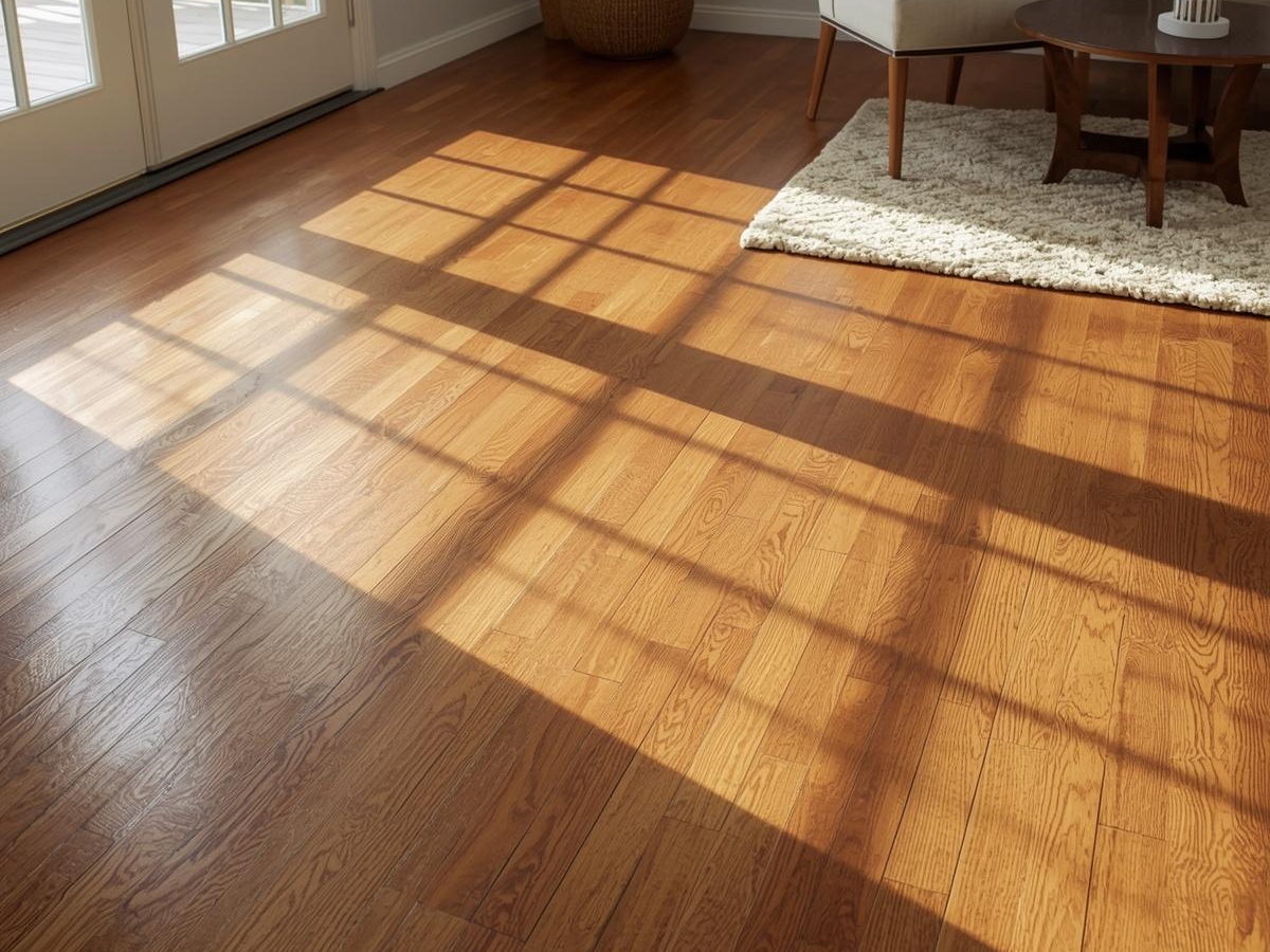 Sunlight streams through glass doors, casting rectangular shadows on polished wooden floors—wonderfully smooth after choosing to fix squeaky floors—next to a white rug and part of a chair and table in a bright room.