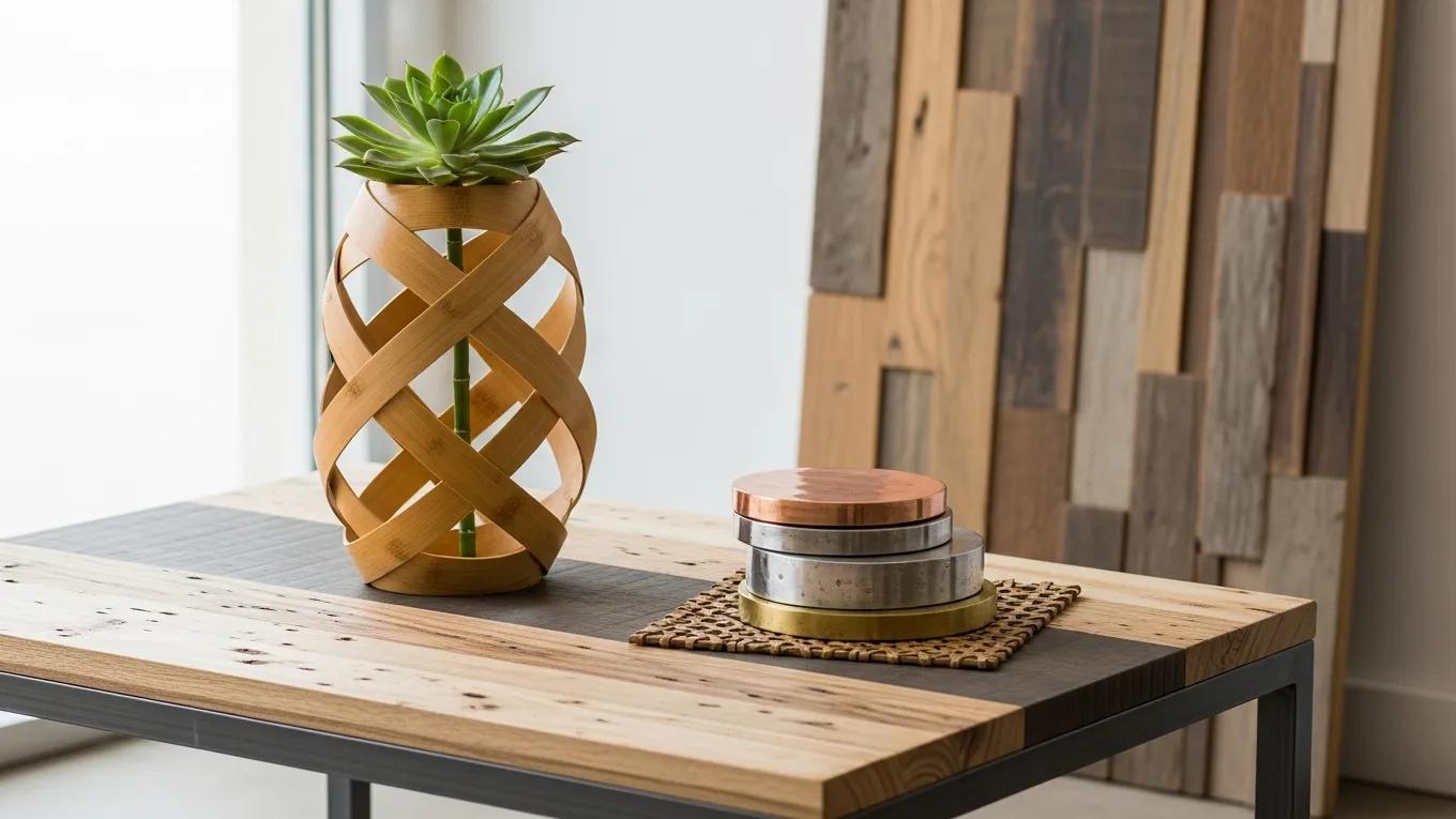 Display of sustainable materials like bamboo and reclaimed wood, emphasizing modern aesthetic trends in eco-friendly design