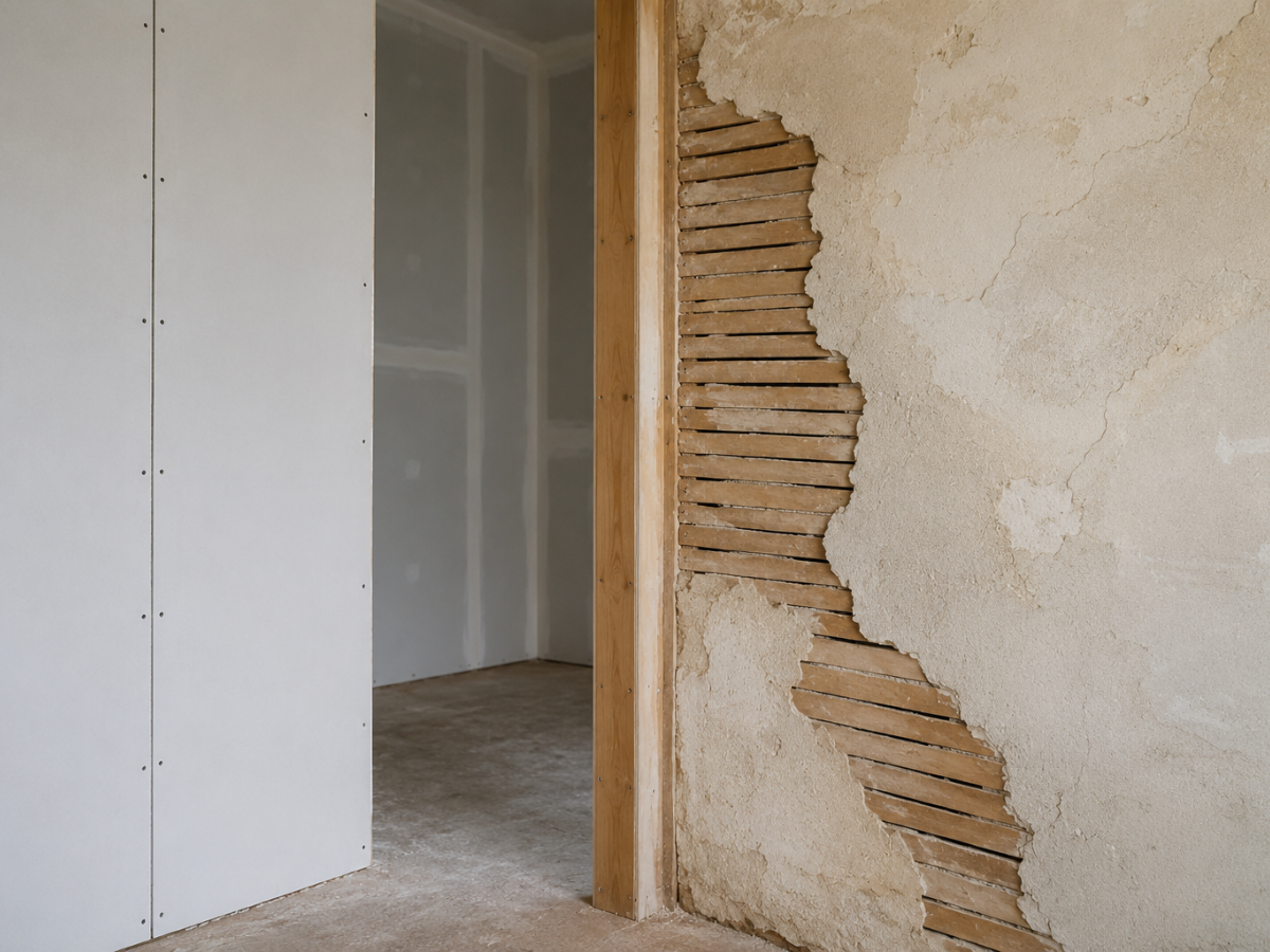 Drywall Vs Plaster: What Homeowners Should Know 1 A room under renovation highlights the contrast of drywall vs plaster, with new drywall on the left and an old plaster wall with exposed wooden lath on the right.