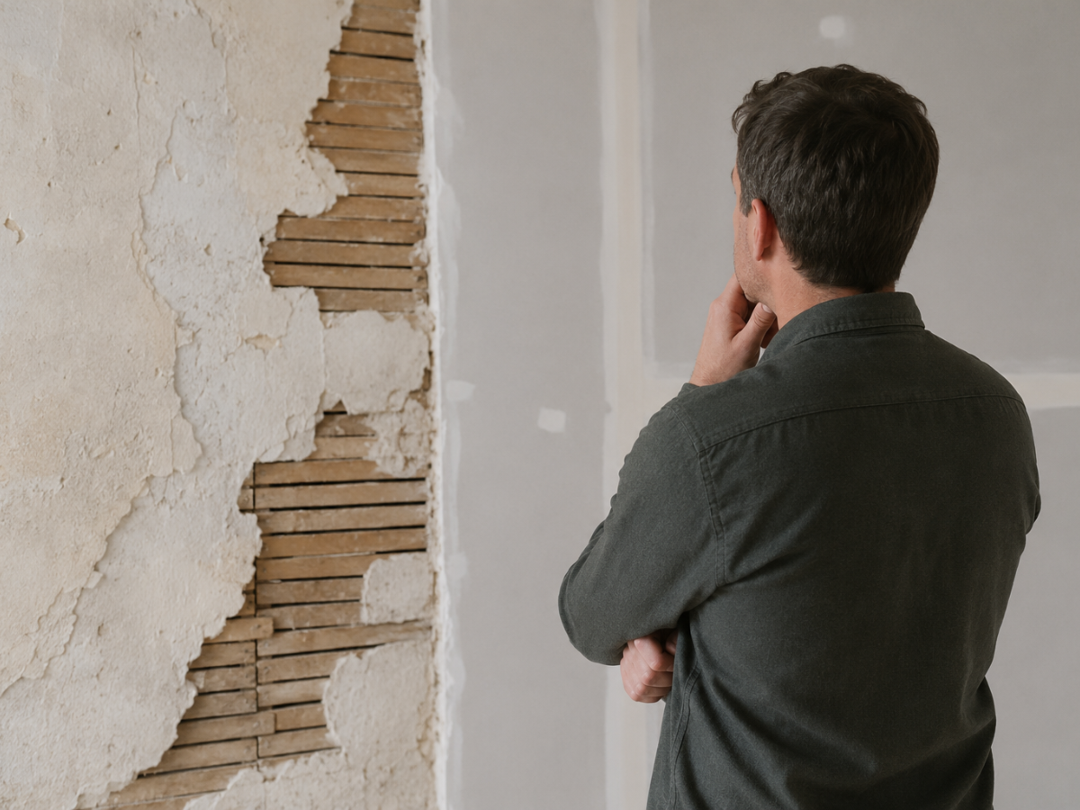 A man stands with his back to the camera, looking at a wall with damaged plaster exposing wooden laths underneath—highlighting the differences seen in drywall vs plaster construction.