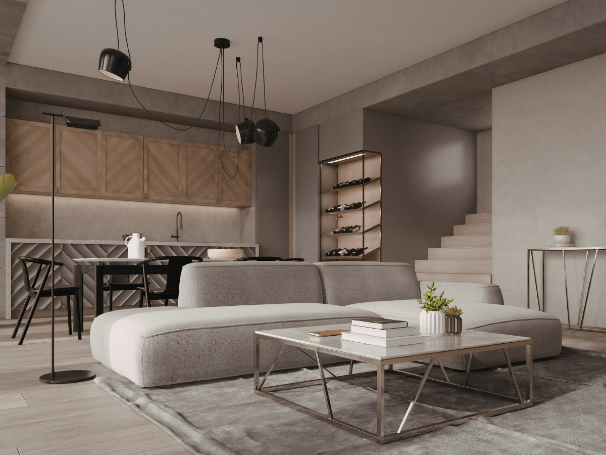 Modern living room with a light gray sectional sofa, metal coffee table, open kitchen area, wine rack, staircase, and a neutral color palette that embodies minimalist design.