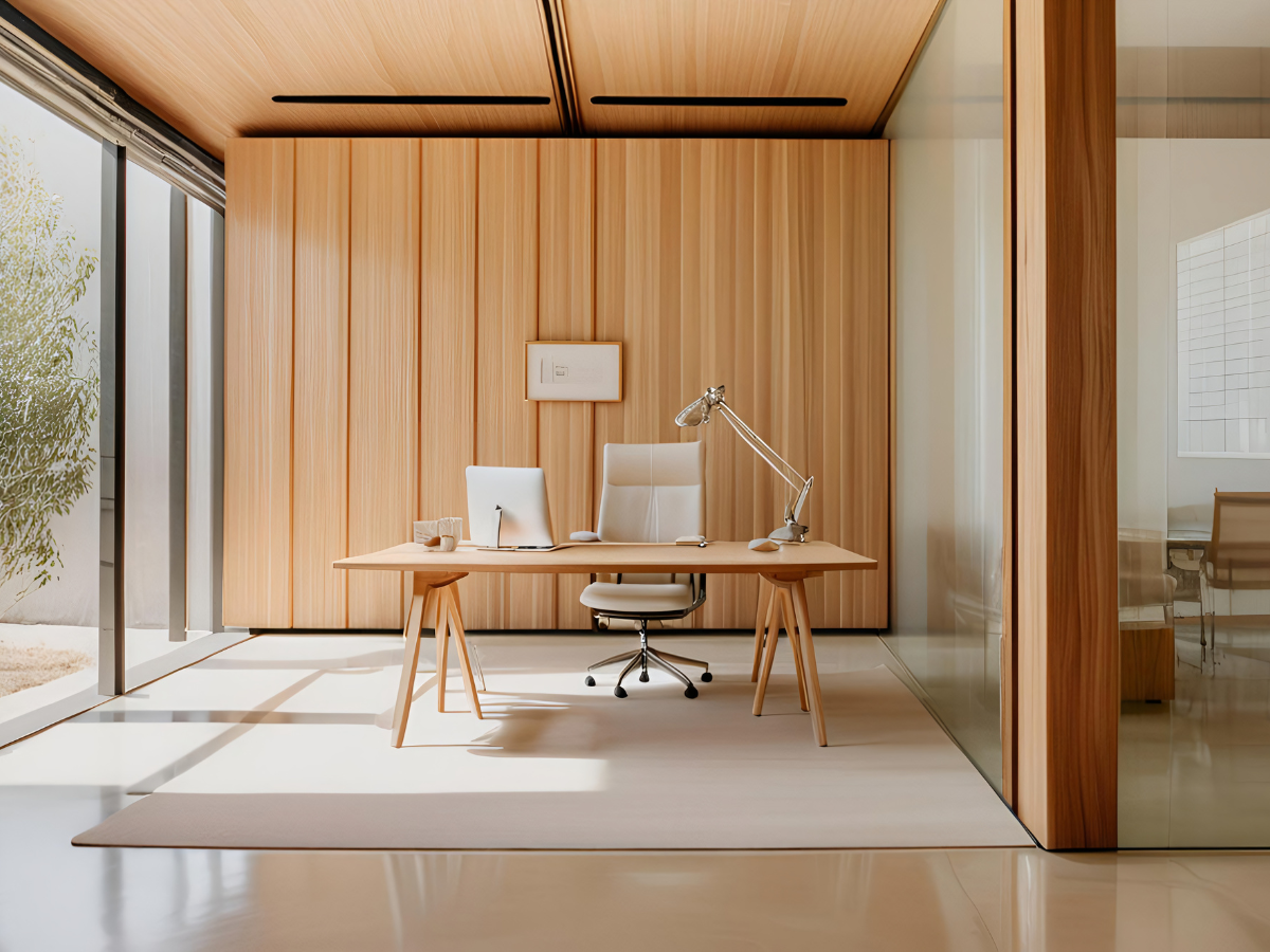 A modern office with wood-paneled walls, a desk with a computer, lamp, and chair, large windows, and sleek minimalist design decor.