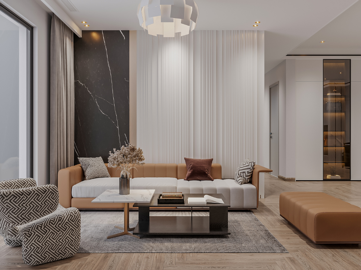 Modern living room with neutral tones, featuring a sectional sofa, patterned armchair, marble coffee table, ottoman, and minimalist décor with a geometric ceiling light that highlights the sophisticated minimalist design.