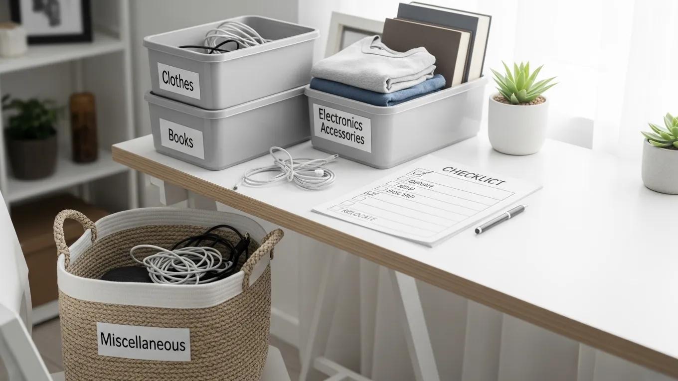 Organized decluttering tools including storage bins and a checklist, promoting effective decluttering methods
