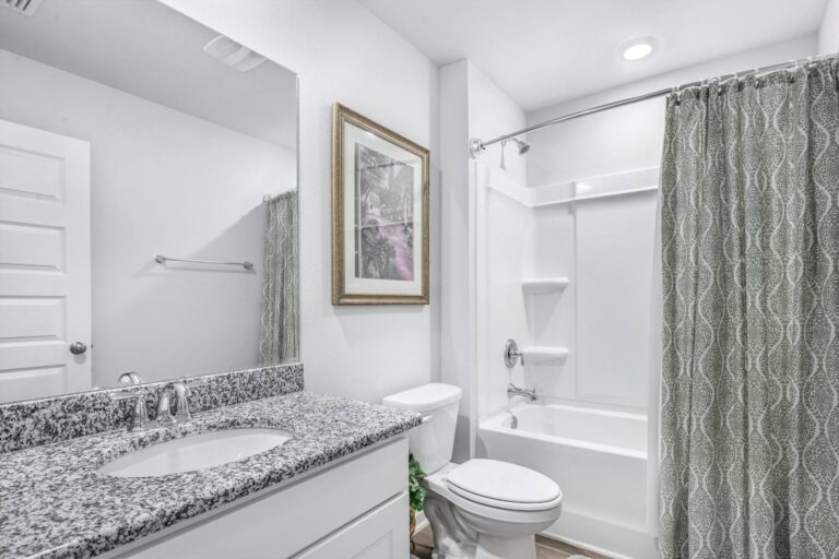 Modern bathroom with white cabinets, granite countertop, a toilet, bathtub with shower, patterned shower curtain, towel rack, and framed artwork—ideal inspiration for your next bathroom remodeling or shower remodeling project.