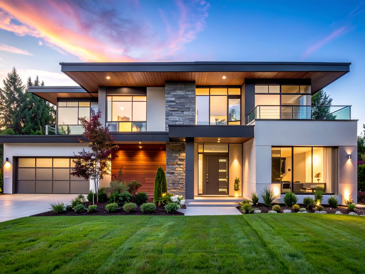 Smart Home Automation For Modern Living 2 Modern two-story house with large windows, flat roof, stone and wood accents, landscaped yard, home automation features, and a driveway at sunset.