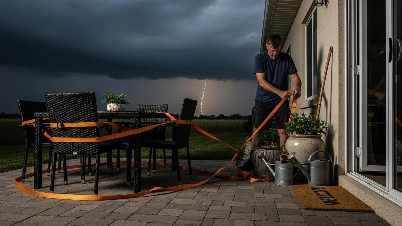 Storm Prep For Atlanta Homes: Emergency Tips And Recovery Strategies 3 Homeowner securing outdoor items for storm safety