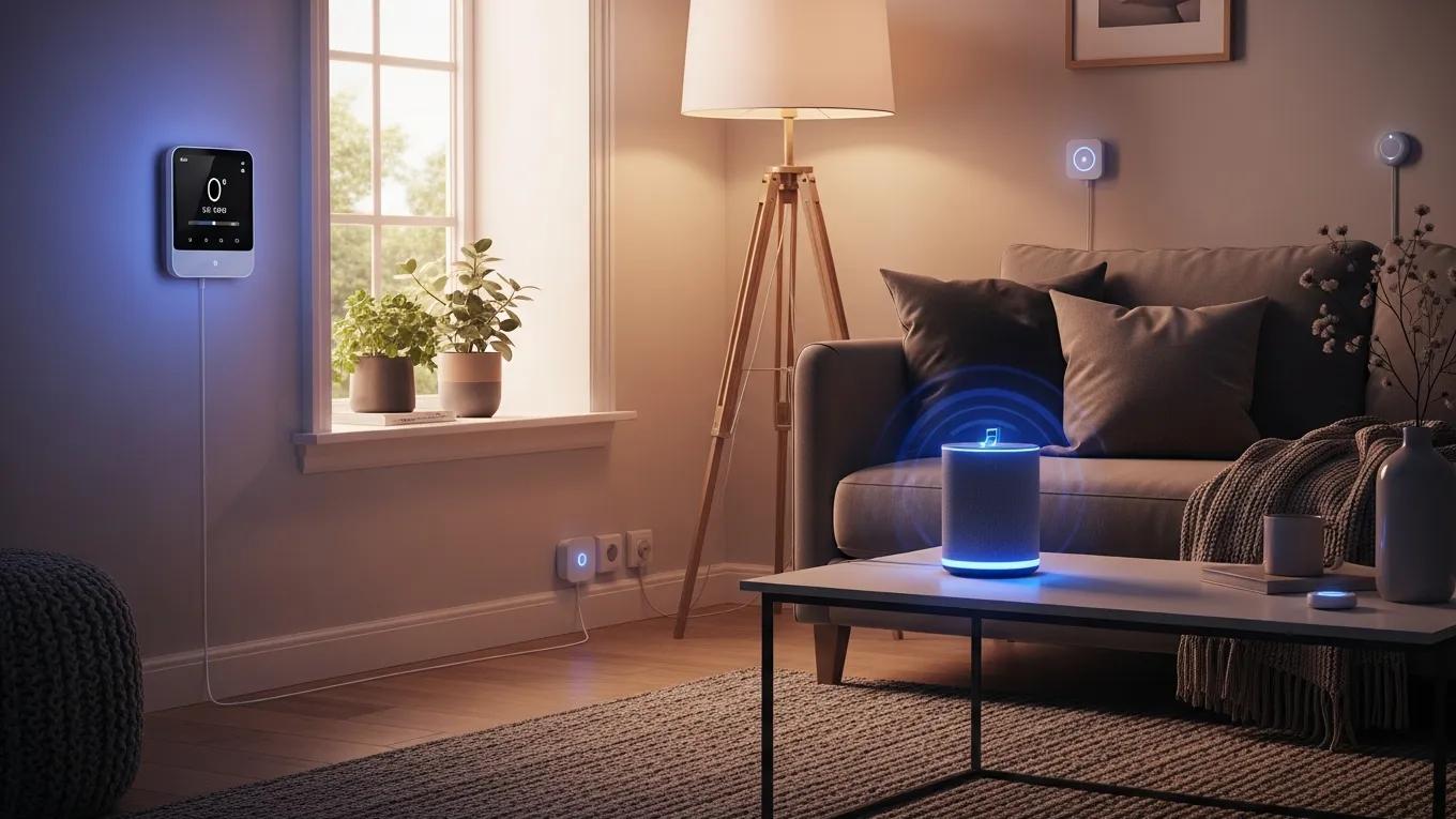 Modern living room with smart home devices enhancing comfort and convenience