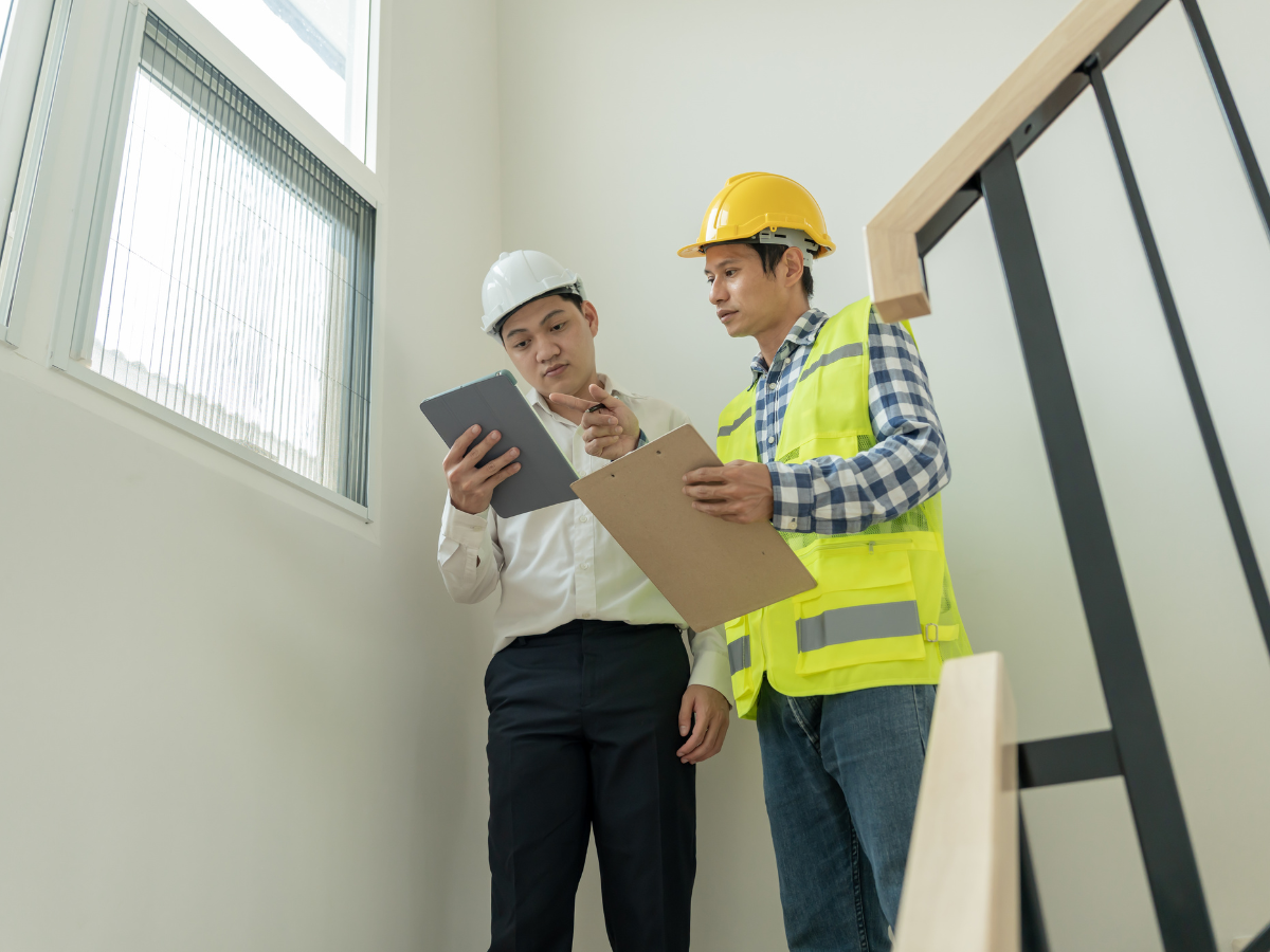Insurance Claim Assistance For Property Damage Restoration 5 Two men wearing safety helmets, one in a reflective vest, stand indoors near a staircase, reviewing documents on a clipboard and a tablet as they provide insurance claim assistance.