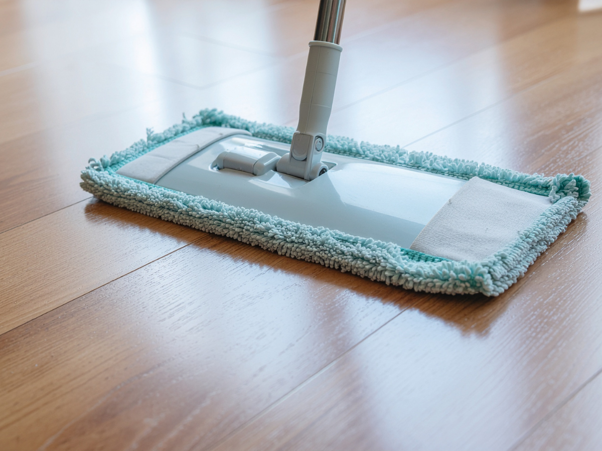 Floor Care Schedule For Cleaner, Longer-Lasting Floors 4 A flat mop with a blue microfiber pad is cleaning a wooden floor, helping to maintain an effective floor care schedule.